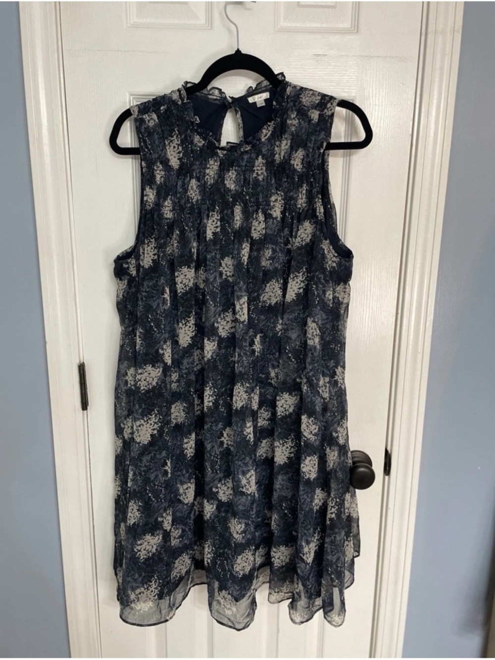 Joie Navy and Cream Ruffled Neck Printed Top XL